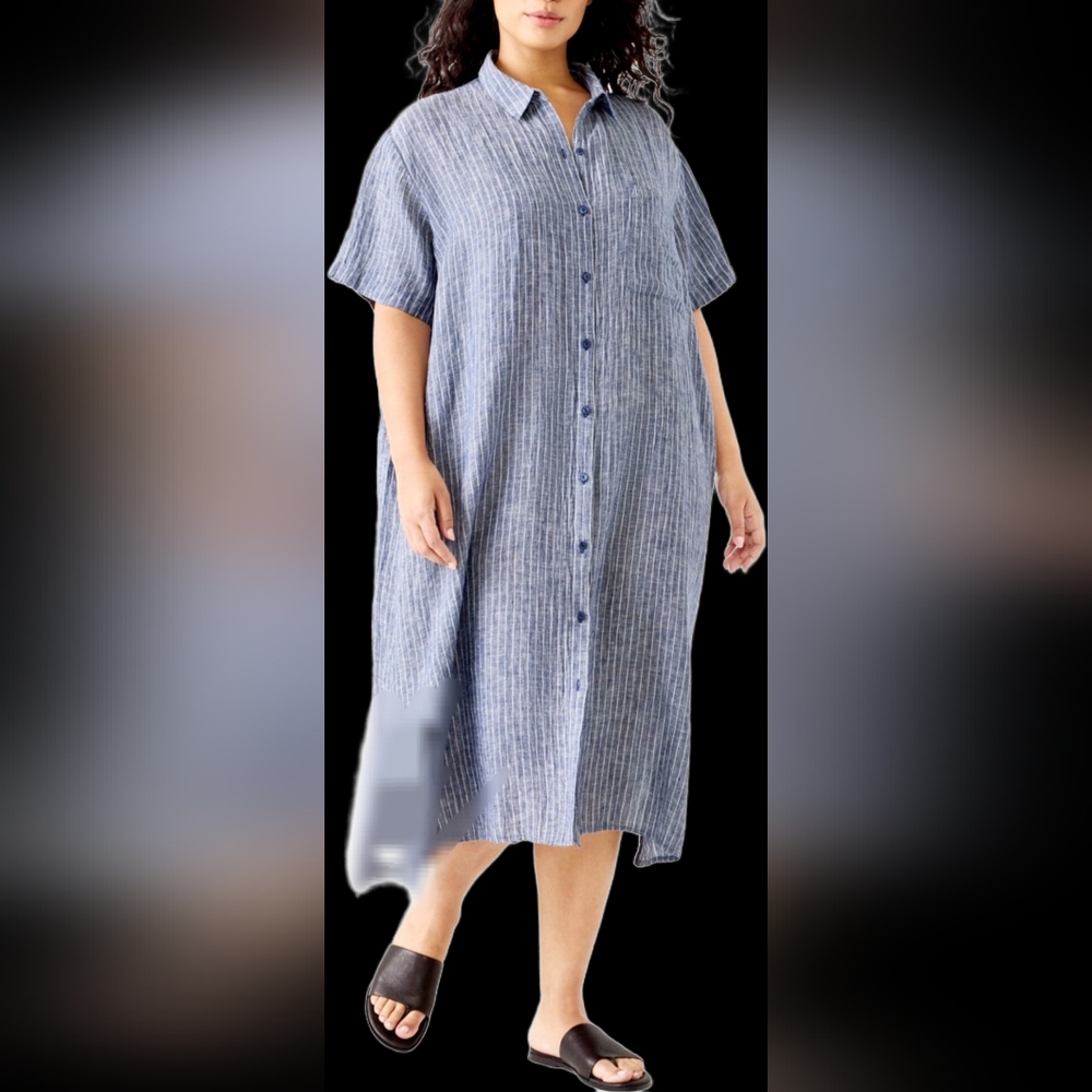 Lane Bryant 100% Cotton Chambray Striped Dress Classic Collar Button Up 24 Plus